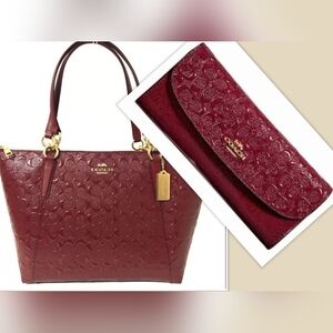 2 Pc Coach Ava Red Burgundy Chain Tote Debossed & Slim Envel Wallet (Read Desc)
